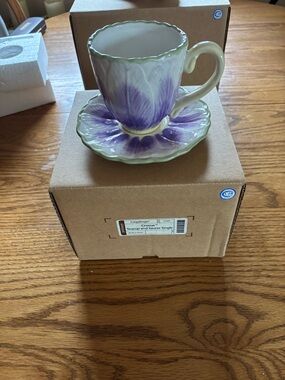 Longaberger Crocus Floral Teacup and Saucer Set - Purple & Cream
